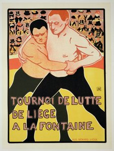 Reproducción de un cartel publicitario de un torneo de lucha libre, en The Fountain, Lieja, Bélgica, 1899